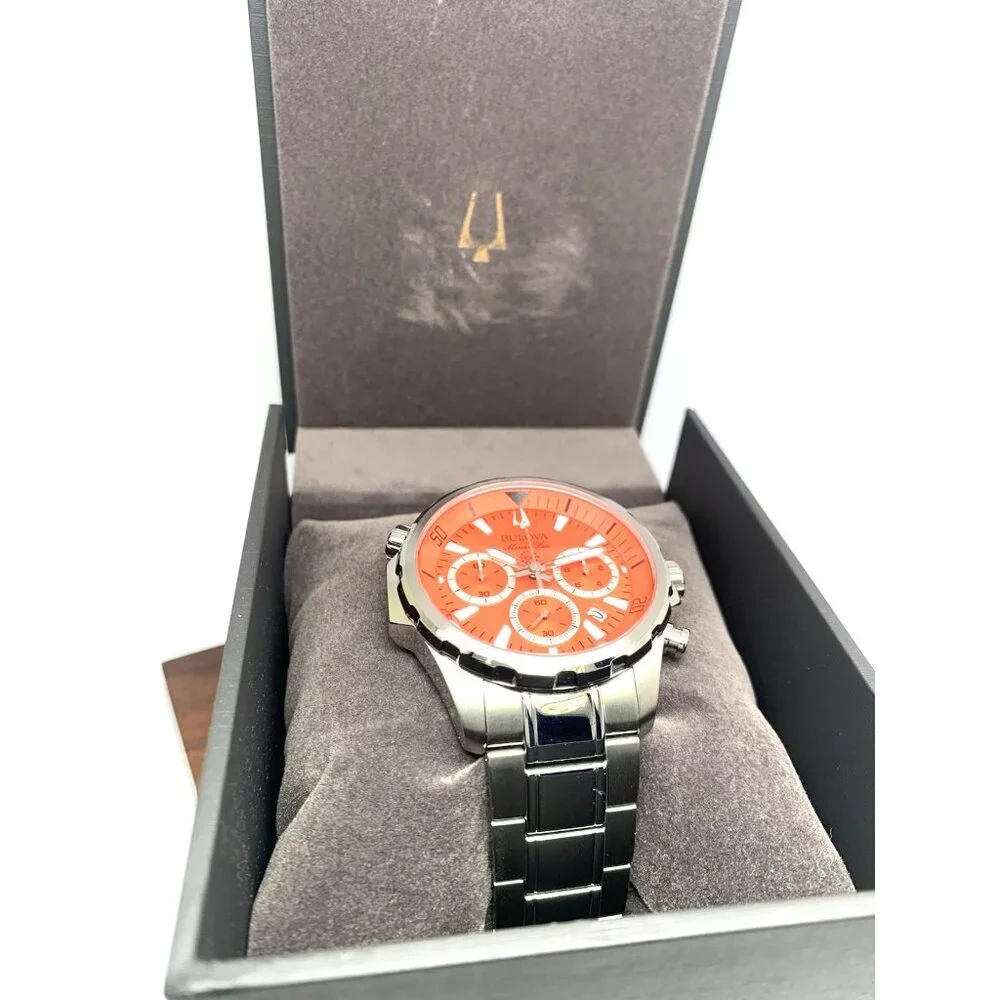 Bulova Men's Watch 96B395 Marine Star Orange Dial Chronograph Silver Steel 43mm